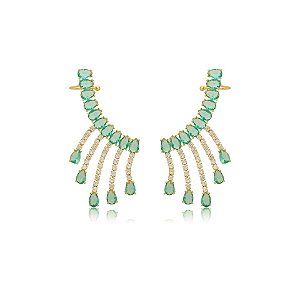 Brinco ear cuff gota franja zircônia verde ouro semijoia BA 5057