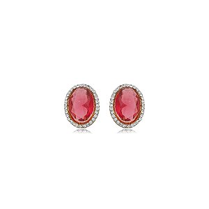 Brinco Nino Bran oval cristal rosa ouro semijoia