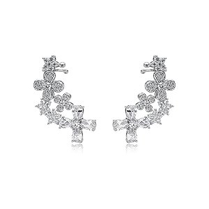 Brinco ear cuff flores zircônia ródio semijoia