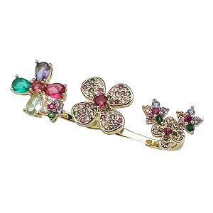Anel duplo flores zircônia colorida ouro semijoia