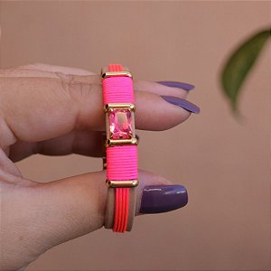 Bracelete Leka couro sintético fio de seda cristal rosa neon