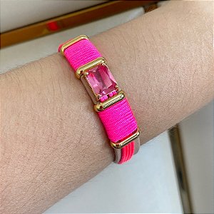 Bracelete Leka couro sintético fio de seda cristal rosa neon