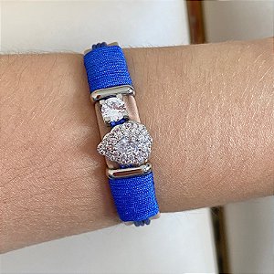 Bracelete Leka couro sintético zircônia fio de seda azul