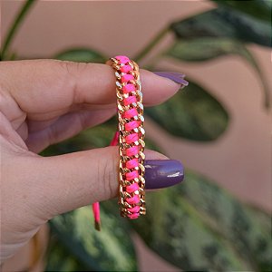 Pulseira ajustável Leka fio de seda rosa neon com metal dourado