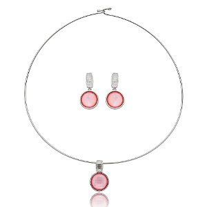 Colar e brinco pedra natural madrepérola rosa ródio semijoia