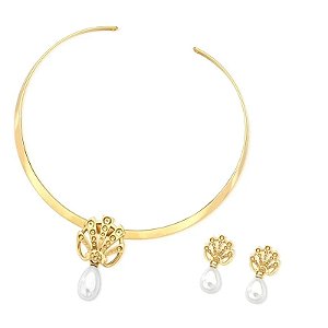 Colar e brinco concha pérola shell gota ouro semijoia