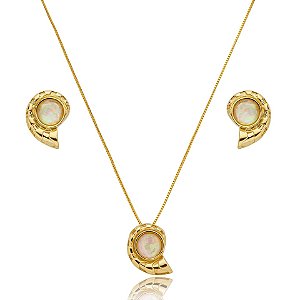 Colar e brinco concha p pedra natural nautilus ouro semijoia