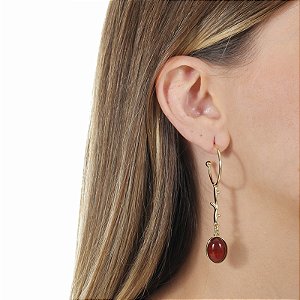 Brinco argola pedra natural ágata vermelha oval ouro semijoia