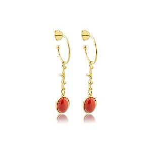 Brinco argola pedra natural ágata vermelha oval ouro semijoia