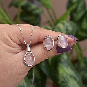 Colar e brinco oval pedra natural quartzo rosa ródio semijoia