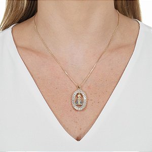 Colar Nossa Senhora Aparecida zircônia azul ouro semijoia XD 953