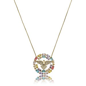Colar Espírito Santo zircônia baguete colorida ouro semijoia WO 671