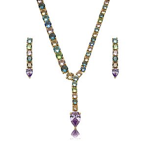Colar e brinco zircônia colorida ouro semijoia HY 153