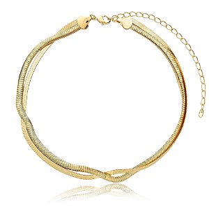 Colar choker corrente dupla fita e malha ouro semijoia