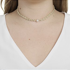 Colar choker cordão baiano pérola ouro semijoia