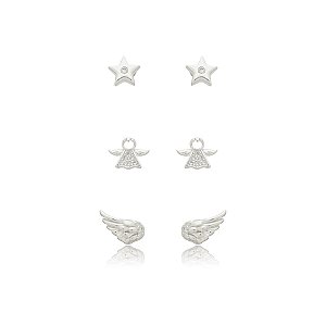 Kit 3 brincos estrela anjinho e asinha zircônia prata 925 5231405