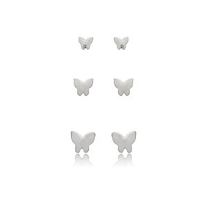 Kit 3 brincos borboletas lisas prata 925 4937605