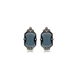 Brinco Estela Geromini retangular strass e pedra azul montana prata