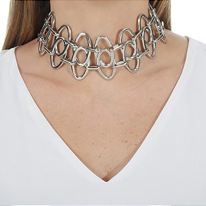 Colar choker Rosana Bernardes elos ovais prateado