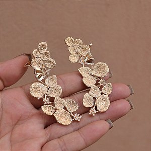 Brinco ear cuff folhas e borboleta zircônia ouro semijoia