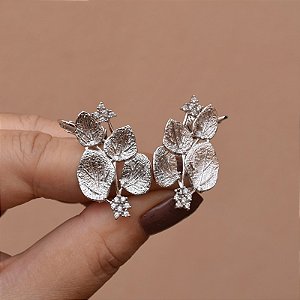 Brinco ear cuff folhas zircônia ródio semijoia