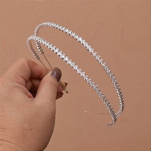 Tiara dupla zircônias navetes cristal prateado HCF-13