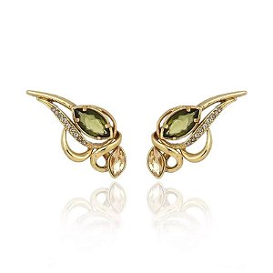 Brinco Claudia Arbex cristais verde e âmbar ouro vintage