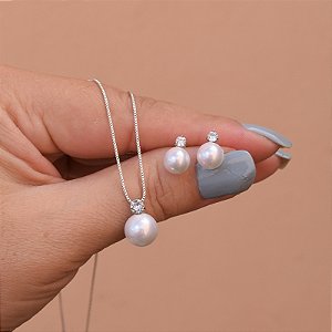 Colar e brinco pérola zircônia ródio semijoia 21k03017