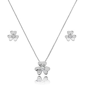Colar e brinco flor zircônia ródio semijoia 22k09006