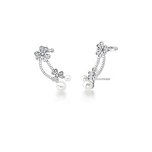 Brinco ear cuff flores pérolas zircônia ródio semijoia