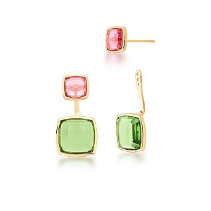 Brinco ear jacket cristais prasiolita e rosa ouro semijoia