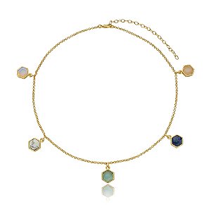 Colar corrente curto pedras naturais hexagonais ouro semijoia