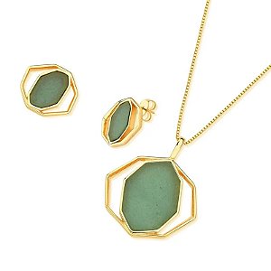 Colar e brinco geométrico pedra natural quartzo verde ouro semijoia