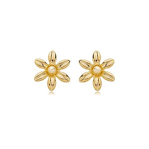 Brinco flor pérola ouro semijoia BZ21290AU