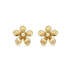 Brinco flor pérola ouro semijoia BZ21292AU