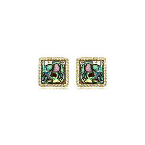 Brinco quadrado pedra natural abalone zircônia ouro semijoia BA 3904