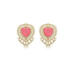 Brinco coração cristal fusion rosa zircônia ouro semijoia BA 5181