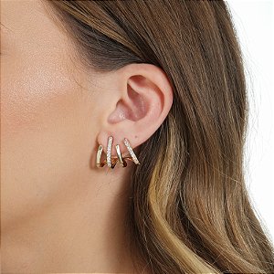 Brinco ear hook aros zircônias ouro semijoia BA 5178