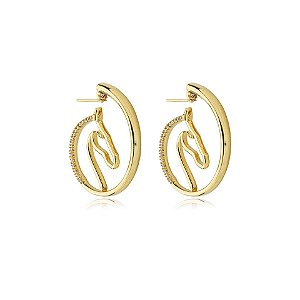 Brinco argola cavalo zircônia ouro semijoia