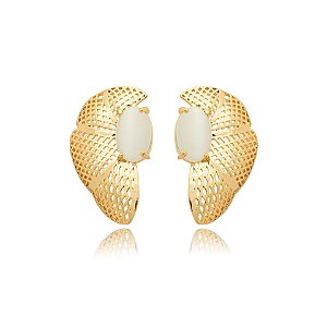 Brinco pétalas metal rendado cristal olho de gato ouro semijoia BA 5231