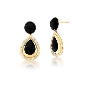 Brinco pêndulo gota esmaltado preto zircônia ouro semijoia