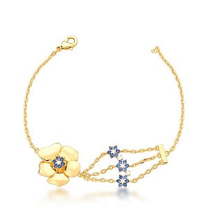 Pulseira corrente flor zircônia azul ouro semijoia