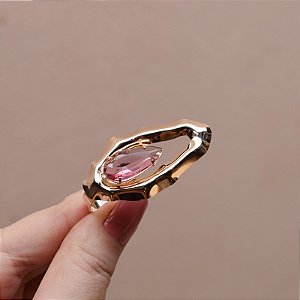 Anel ajustável orgânico cristal rosa ouro semijoia