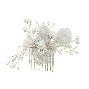 Pente metal flores pérolas dourado