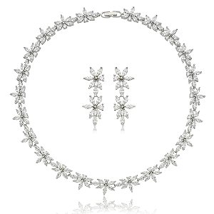 Colar e brinco flores zircônias ródio semijoia TL 3