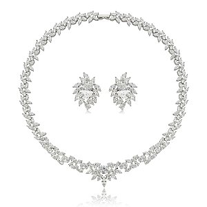 Colar e brinco cascata zircônias ródio semijoia TL 4