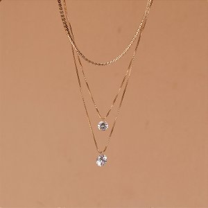 Colar triplo choker ponto de luz zircônia ouro semijoia CLR 1610