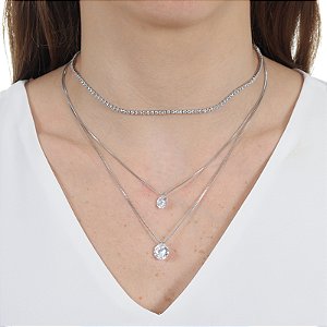 Colar triplo choker ponto de luz zircônia ródio semijoia CLR 1610