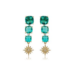 Brinco quadradinhos cristais verde turmalina ouro semijoia 23a033001