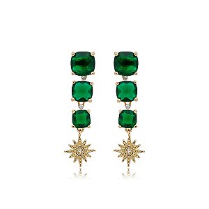 Brinco quadradinhos cristais verde esmeralda ouro semijoia 23a033001